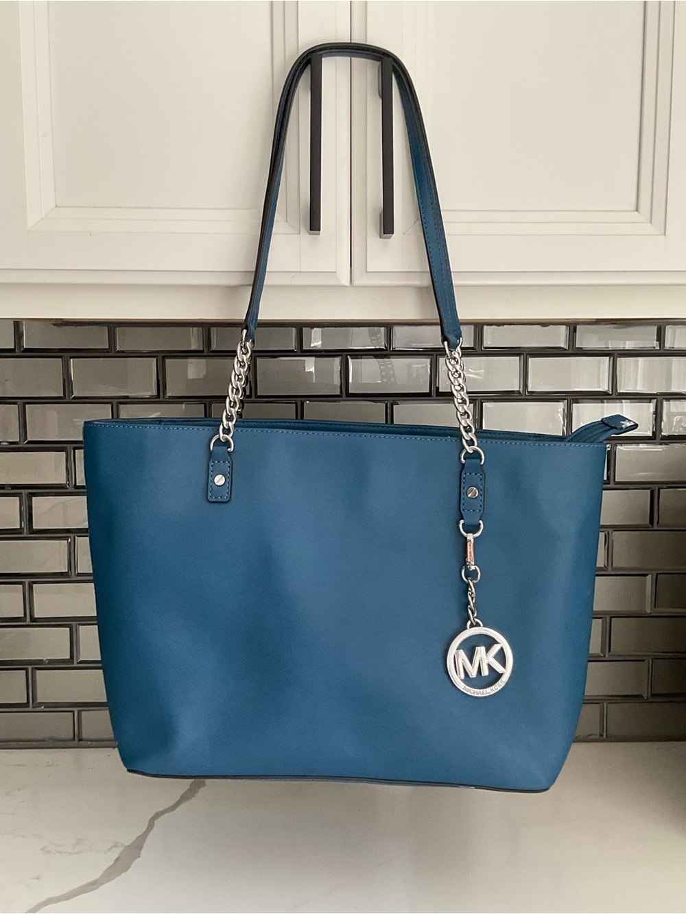 Michael Kors Teal Blue Leather Tote with MK Charm